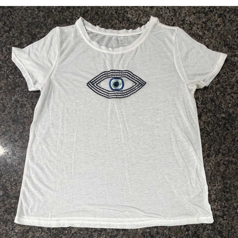 sofia by Sofia Vergara Evil Eye Embroidered Rhinestone Graphic Tee Women M